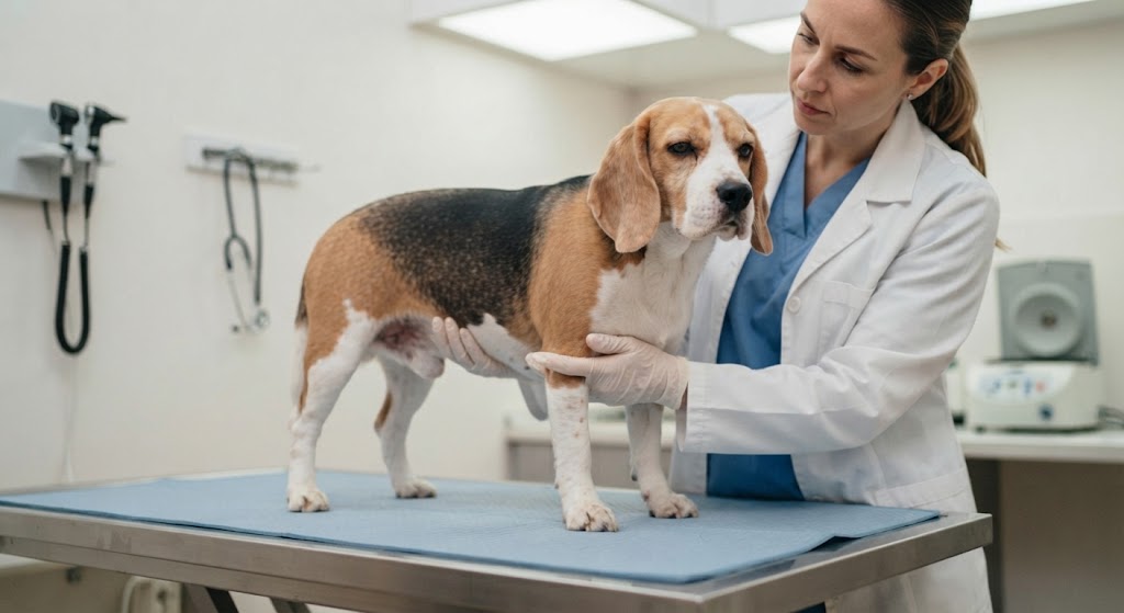 Veterinár vyšetruje psa pri podozrení na pankreatitídu
